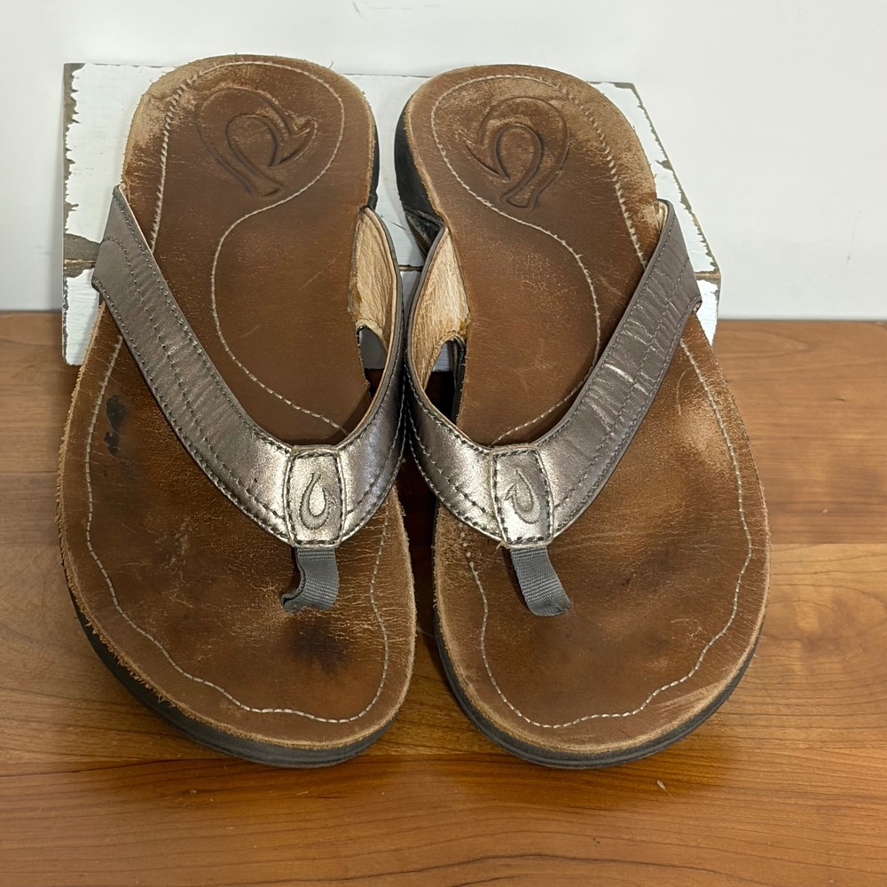 Olukai Ohana Leather Flip Flop Sandals Womens 6 Metallic Pewter 20103-2U27